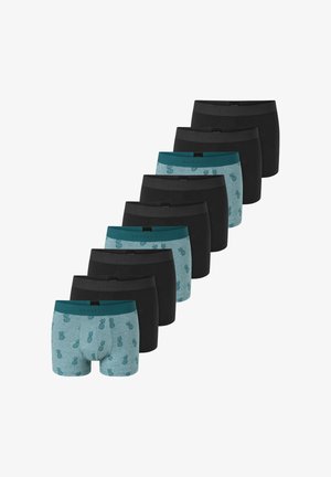 Set aus Herrenboxershorts in Schwarz und Türkis. Das türkise Paar zeigt ein Ananasmuster; die schwarzen Paare haben elastische Bündchen mit Logo.