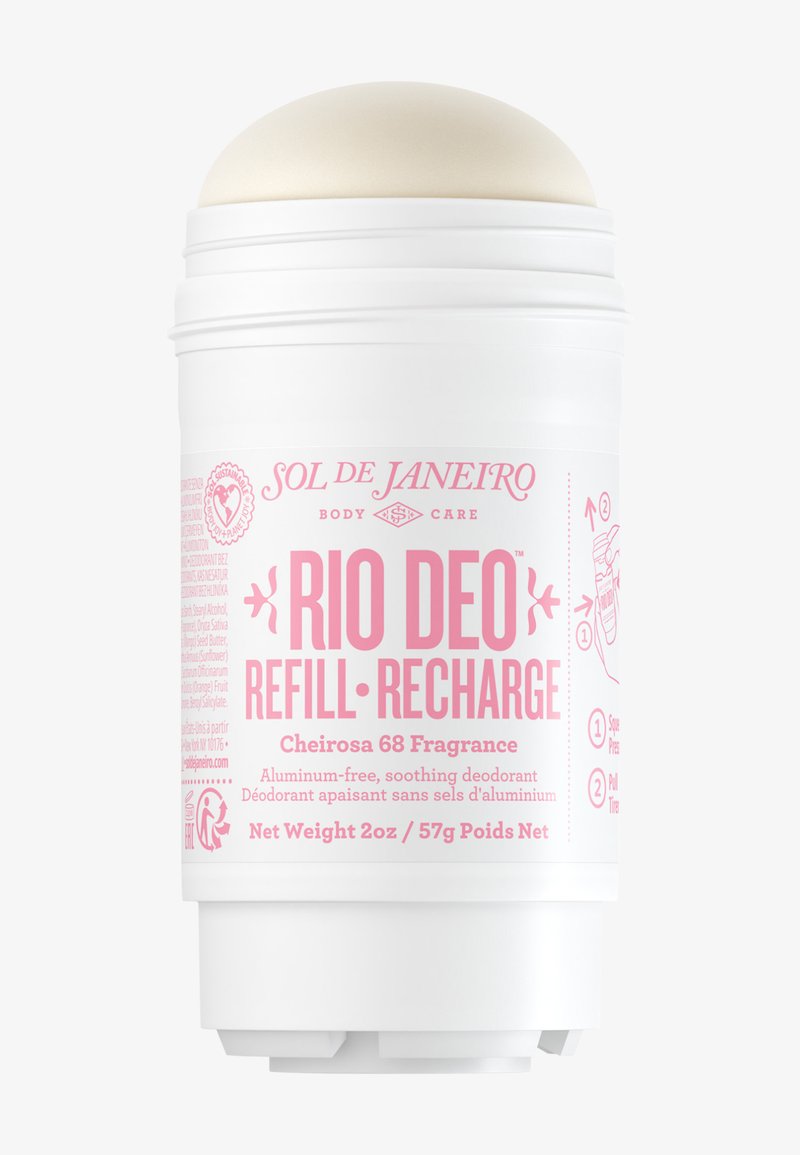 Witte deodorantstick met roze tekst met het label Sol de Janeiro Rio Deo Refill Recharge, aluminiumvrije verzachtende formule, netto gewicht 2 oz, geur Cheirosa 68.