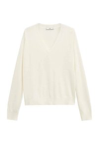 Maglione crema a V con maniche lunghe, realizzato in materiale morbido. Caratterizzato da una vestibilità comoda e polsini a costine, progettato per il comfort e la versatilità.