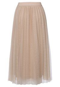 Beige plisseret midi-skirt i tyl med elastisk talje, lagdelt for volumen og gennemsigtige teksturerede detaljer.