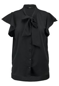 Blusa negra de manga corta con lazo en el cuello, cierre de botones en el frente y puños con volantes. Tela lisa con un sutil brillo.