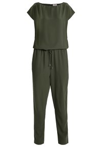 Combinaison sans manches vert olive avec un col rond, une taille à cordon de serrage et un pantalon fuselé longueur totale.