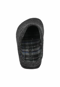 Grå hjemmesko med en afrundet åbning og indvendig foring i sort og blå plaid. Skridsikker sort sål for stabilitet.