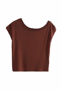 Brun cropped T-shirt lavet af blødt stof med en bred, rund halsudskæring og korte ærmer. Har en simpel, glat tekstur uden mønstre.