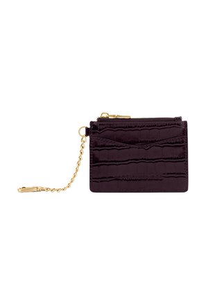 Purple faux-croc leather cardholder with a zip compartment, gold hardware, and a detachable chain. Features multiple slots for cards.