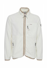 Veste en polaire blanche avec un col haut, des bordures marron, deux poches zippées et un petit patch logo sur la manche. Elle comprend des cordons de serrage sur la fermeture éclair.