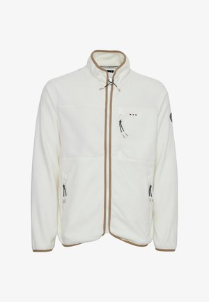 Veste en polaire blanche avec un col haut, des bordures marron, deux poches zippées et un petit patch logo sur la manche. Elle comprend des cordons de serrage sur la fermeture éclair.