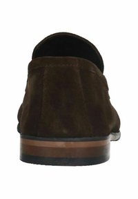 Brown suede slip-on shoes with a rounded back, featuring a smooth leather sole with a contrasting light brown stripe and a low heel.