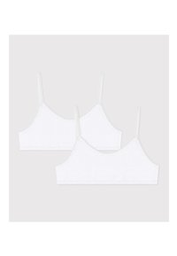 Δύο λευκά βαμβακερά σουτιέν με ρυθμιζόμενους ιμάντες, με απαλή υφή και απλό, αδιάλυτο σχέδιο.