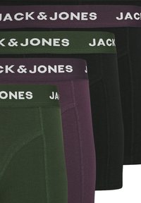 Vier Paare Baumwoll-Boxershorts in Dunkelgrün, Burgunderrot und Schwarz, ausgestattet mit einem elastischen Bund, auf dem "JACK & JONES" in weißer Schrift steht.