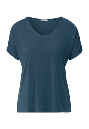 Camiseta de manga corta azul oscuro hecha de tela suave, con un escote redondeado y puños de manga enrollados, con un corte relajado.
