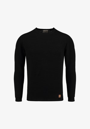 Schwarzer Pullover mit langen Ärmeln aus strukturierter Stoffqualität und geripptem Design. Mit einem runden Halsausschnitt und einem kleinen braunen Markenschild am Saum.