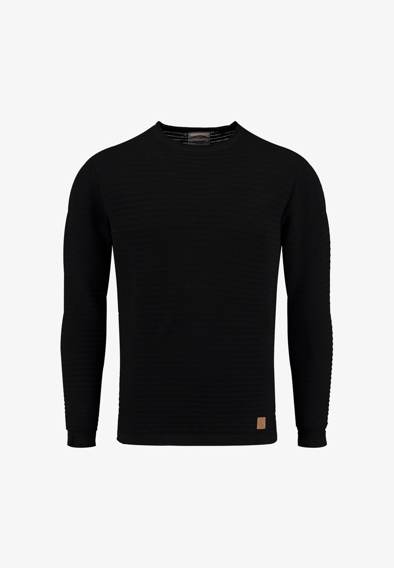 Maglione nero a maniche lunghe realizzato in tessuto testurizzato con un design a coste. Caratterizzato da un colletto rotondo e una piccola etichetta marrone del marchio sul fondo.