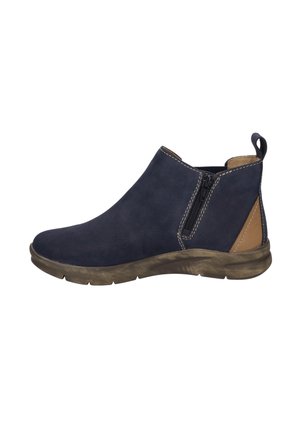Dunkelblauer Wildleder-Ankle-Boot mit seitlichem Reißverschluss, tanfarbiger Akzent an der Ferse und einer strukturierten Gummisohle. Mit sichtbaren Steppnähten.