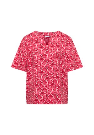 Kurzärmlige rosa Bluse mit rotem fächerförmigem Muster, V-Ausschnitt und lockerem Sitz.