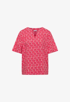 Kurzärmlige rosa Bluse mit rotem fächerförmigem Muster, V-Ausschnitt und lockerem Sitz.