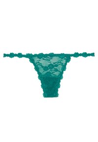 Teal lace thongal underwear with floral patterns and scalloped edges laid flat on a white background.