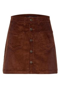 Jupe marron en velours côtelé avec une taille ajustée, une fermeture à cinq boutons et deux poches avant. Présente une texture côtelée verticale et un ourlet brut.