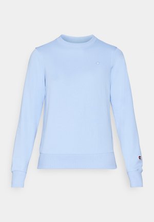 Hellblaues Sweatshirt aus weichem Stoff, mit langen Ärmeln und Rundhalsausschnitt. Enthält ein kleines Logo auf der Brust und am Ärmelbündchen.