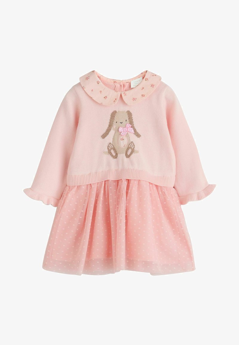 Różowa sukienka dla niemowląt z długimi rękawami, kolor kołnierza w stylu Peter Pan z kwiatowym wzorem, dziewięć z dzianiny z kokardką na piersi oraz spódniczka z tkaniny tiulowej w kropki.