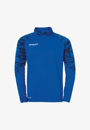 Blue athletic pullover with black geometric pattern on shoulders. Features a high collar and half-zip design. Made of lightweight fabric.