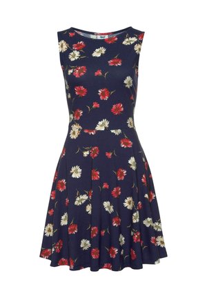 Navy blue sleeveless dress with a flared skirt, featuring a floral pattern of red and white flowers throughout. Made from a soft, stretchy material.