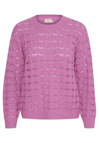 Rosa gestrickter Pullover mit einem lockeren, offenen Gewebe-Muster, Rundhalsausschnitt und langen Ärmeln mit gerippten Bündchen und Saum.