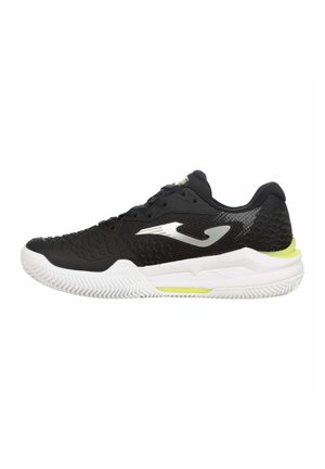 Schwarz-weißer Sportschuh mit strukturiertem Obermaterial, weißer Sohle und silbernem Logo an der Seite, von der Außenseite gezeigt.