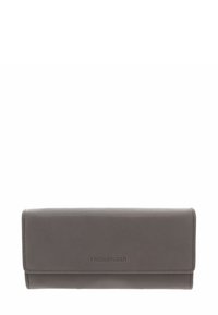 Portefeuille en cuir gris à texture lisse, de forme rectangulaire avec un détail de logo. Présente un rabat pliant et des bords cousus.