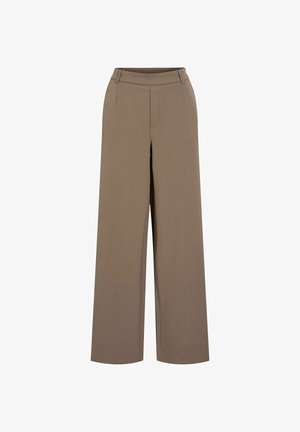 Laiad püksid tuhmpruunist kangast. Omavad elastset vööd koos peene õmbluse detailidega ees. Sile tekstuur.