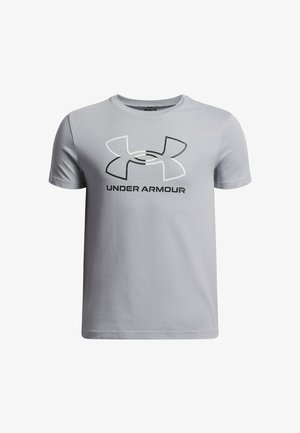 Helehall puuvillane T-särk, millel on esiküljel mustvalge Under Armouri logo, lühikeste varrukatega ja ümmarguse kaelusega.