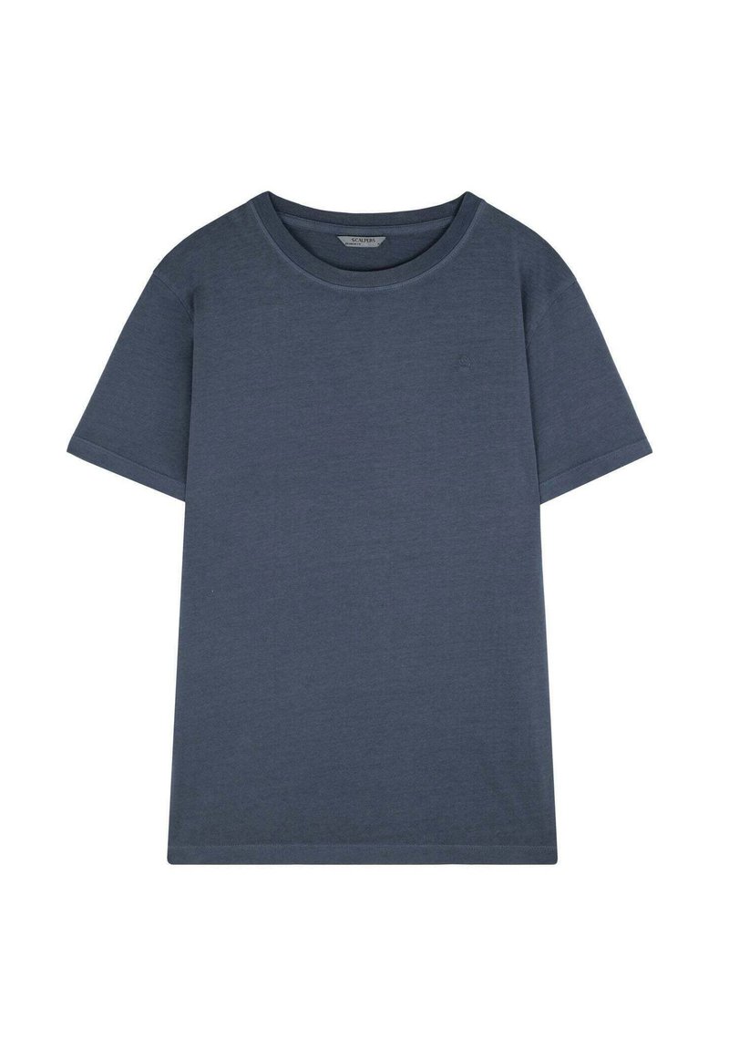 Tricou din bumbac de culoare bleumarin, cu mâneci scurte și decolteu rotund. Textură moale și netedă, cu un detaliu subtil al siglei pe piept.