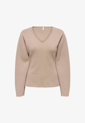 Beige pletený svetr s dlouhým rukávem a výstřihem do V, s jemným středovým švem, vystavený na čistém bílém pozadí.
