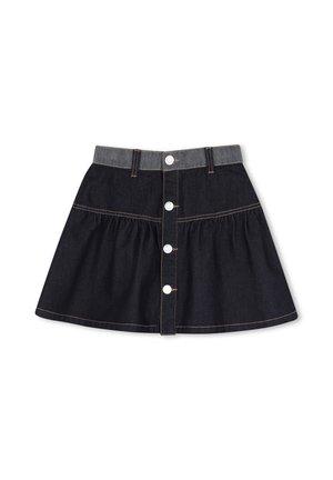 Jupe en jean noire avec taille grise, fermeture à boutons devant et design évasé froncé.