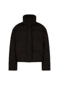 Giubbotto imbottito nero con colletto alto, caratterizzato da un design accorciato, texture trapuntata e dettagli del logo delicatamente impressi sul tessuto.