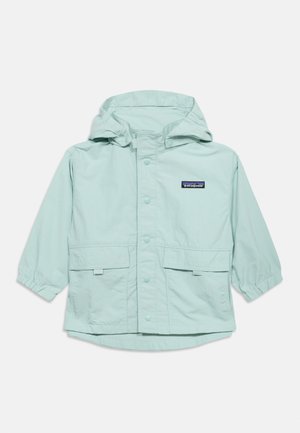 Light blue-green children's hooded rain jacket with front snap buttons, two flap pockets, and a Patagonia logo on the left chest.