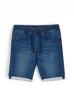Szorty dżinsowe z elastycznym pasem, w ciemnoniebieskim kolorze, z szarym podwinięciem. Wyposażone w kieszenie z przodu oraz detale ze sznurkiem.