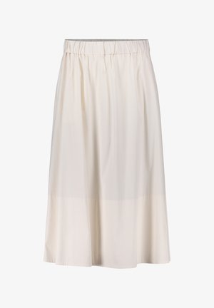 Jasno-beżowa spódnica midi z elastycznym paskiem, gładką teksturą i zwiewnym krojem. Tkanina ma delikatny połysk i fałdy.