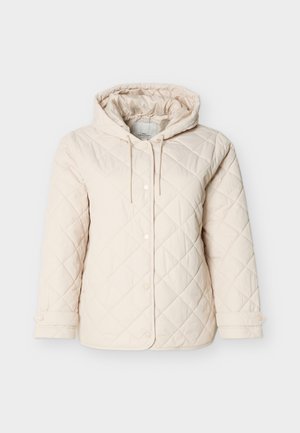 Hellbeige gesteppte Jacke mit Kapuze, ausgestattet mit Druckknöpfen, einem Kordelzug am Hals und elastischen Bündchen für einen sicheren Sitz.