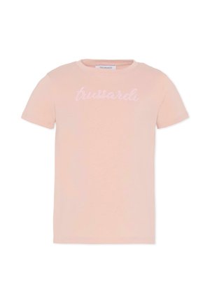 Maglietta di cotone rosa chiaro con maniche corte, caratterizzata dal nome del marchio ricamato "trussardi" in rosa abbinato sul davanti.