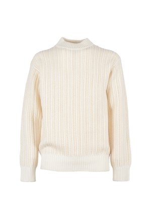 Sweter dziany w kolorze off-white z prążkowaną fakturą, wysokim kołnierzem i długimi rękawami. Posiada luźny krój oraz elastyczne mankiety i dół.