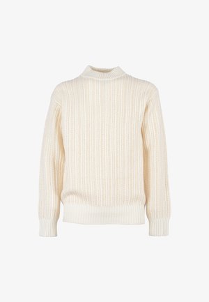 Gestrickter Pullover in Off-White mit gerippter Textur, hohem Kragen und langen Ärmeln. Verfügt über eine lässige Passform sowie elastische Bündchen und Saum.