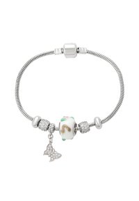 Bracciale in argento con un dettagliato perline in smalto floreale, accenti di pietre scintillanti e un charm a forma di farfalla. Design liscio e flessibile.
