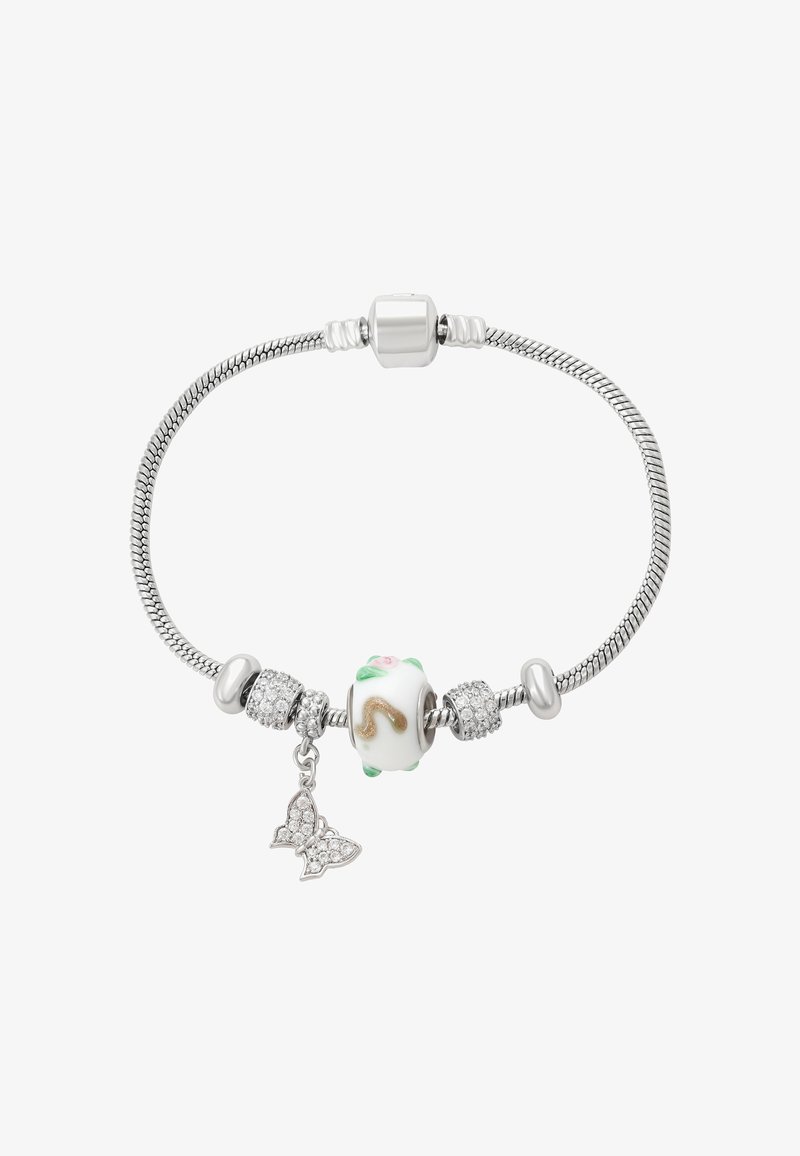 Bracciale in argento con un dettagliato perline in smalto floreale, accenti di pietre scintillanti e un charm a forma di farfalla. Design liscio e flessibile.