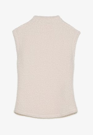 Haut sans manches en polaire rose pâle avec un col haut et une texture douce ; présente un ourlet incurvé et pas de fermetures visibles.