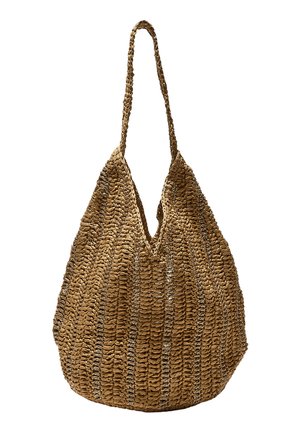 Große braune gewebte Tasche mit langem geflochtenem Schulterriemen, breitem Boden und strukturiertem vertikalem Muster.
