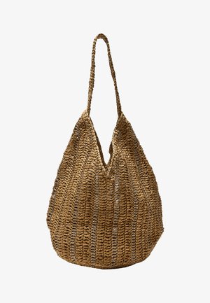 Große braune gewebte Tasche mit langem geflochtenem Schulterriemen, breitem Boden und strukturiertem vertikalem Muster.