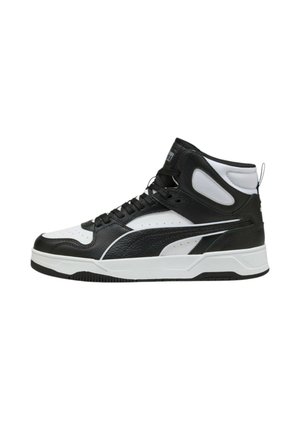 Sneaker alte con tomaia in pelle nera e accenti bianchi, superficie testurizzata, dettagli perforati e suola in gomma.