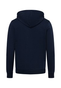 Sudadera con capucha azul marino con una textura suave, mangas largas y puños y dobladillo acanalados. La vista de la parte trasera no muestra diseños ni logotipos adicionales.