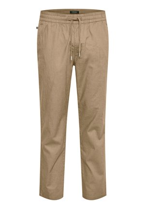 Sanfte, beige Leinenhosen mit elastischem Bund, Kordelzugverschluss und schmal zulaufenden Beinen, die eine glatte Textur und ein praktisches Design bieten.